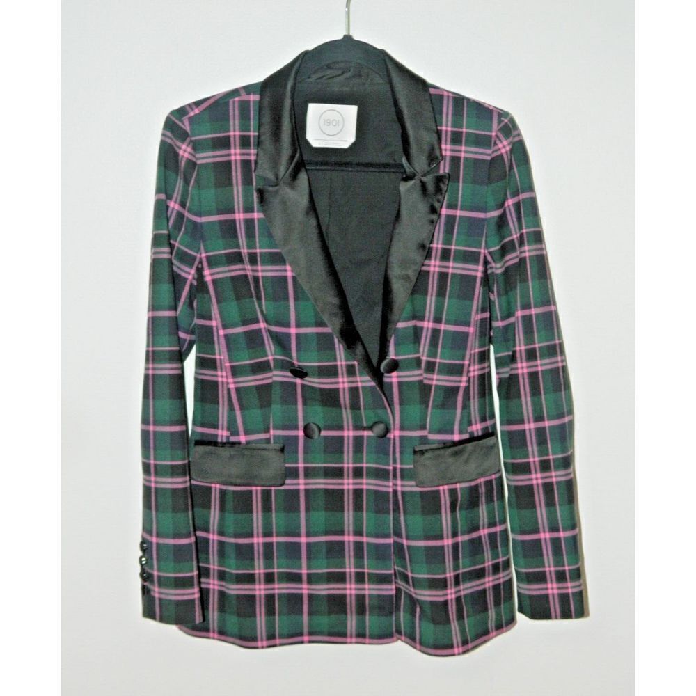 1901 Blazer Size‎ 6 Women Black Pink Green Tartan Plaid Tuxedo Style